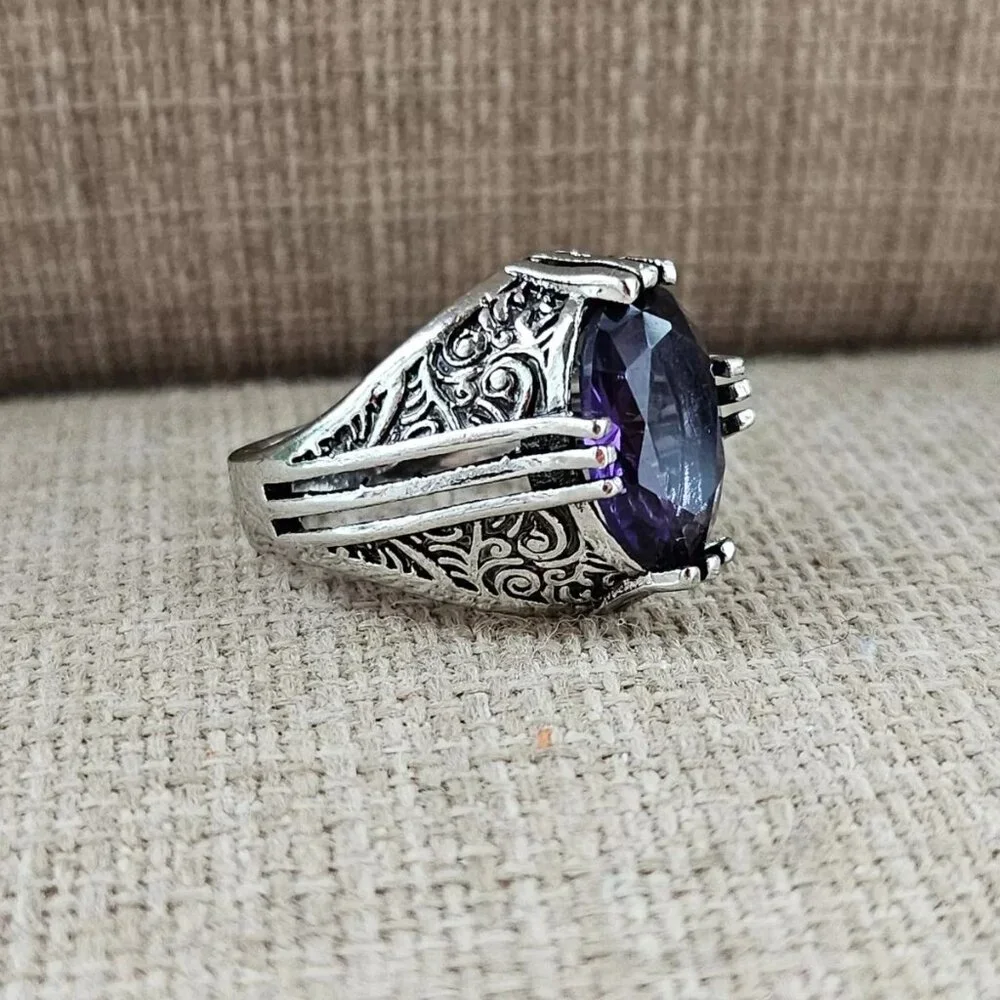 Turkish style Rings Fashion Jewelry Silver Tone W/ Faux Purple Crystal Size 7